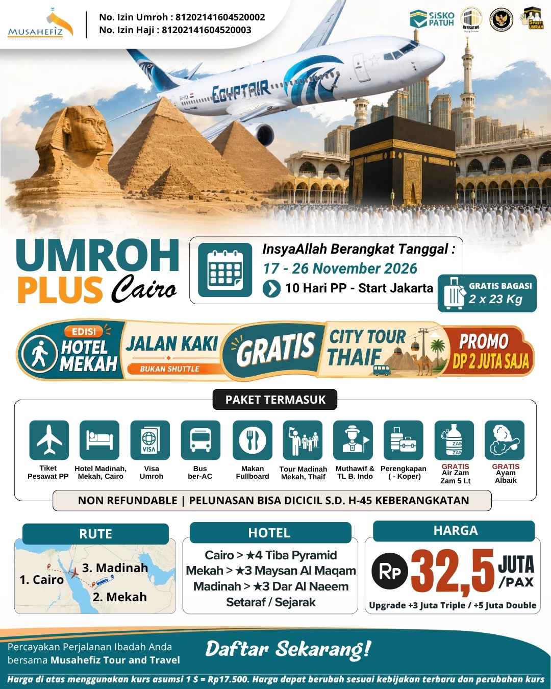 Flyer 17 November 2026 Cairo + Umroh Hotel Mekah Jalan Kaki — promo umroh Musahefiz