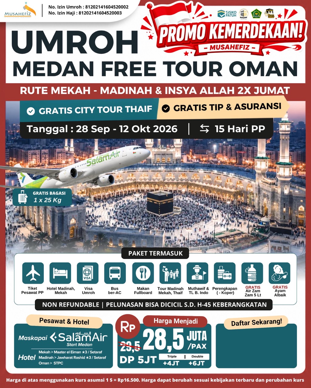 Flyer 28 September 2026 Umroh Medan Free Tour Oman — promo umroh Musahefiz