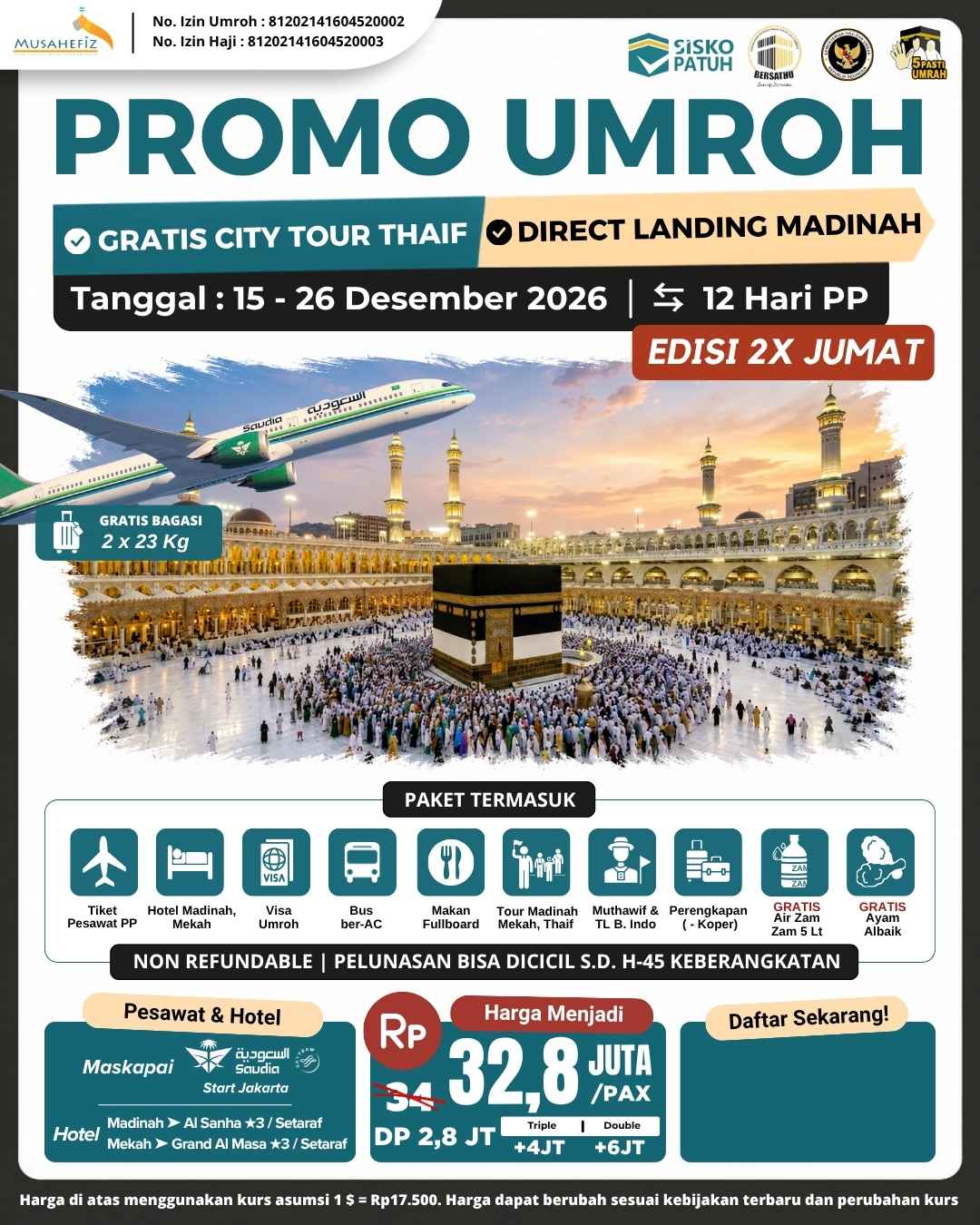 Flyer 15 Desember 2026 Umroh free Thaif Landing Madinah — promo umroh Musahefiz