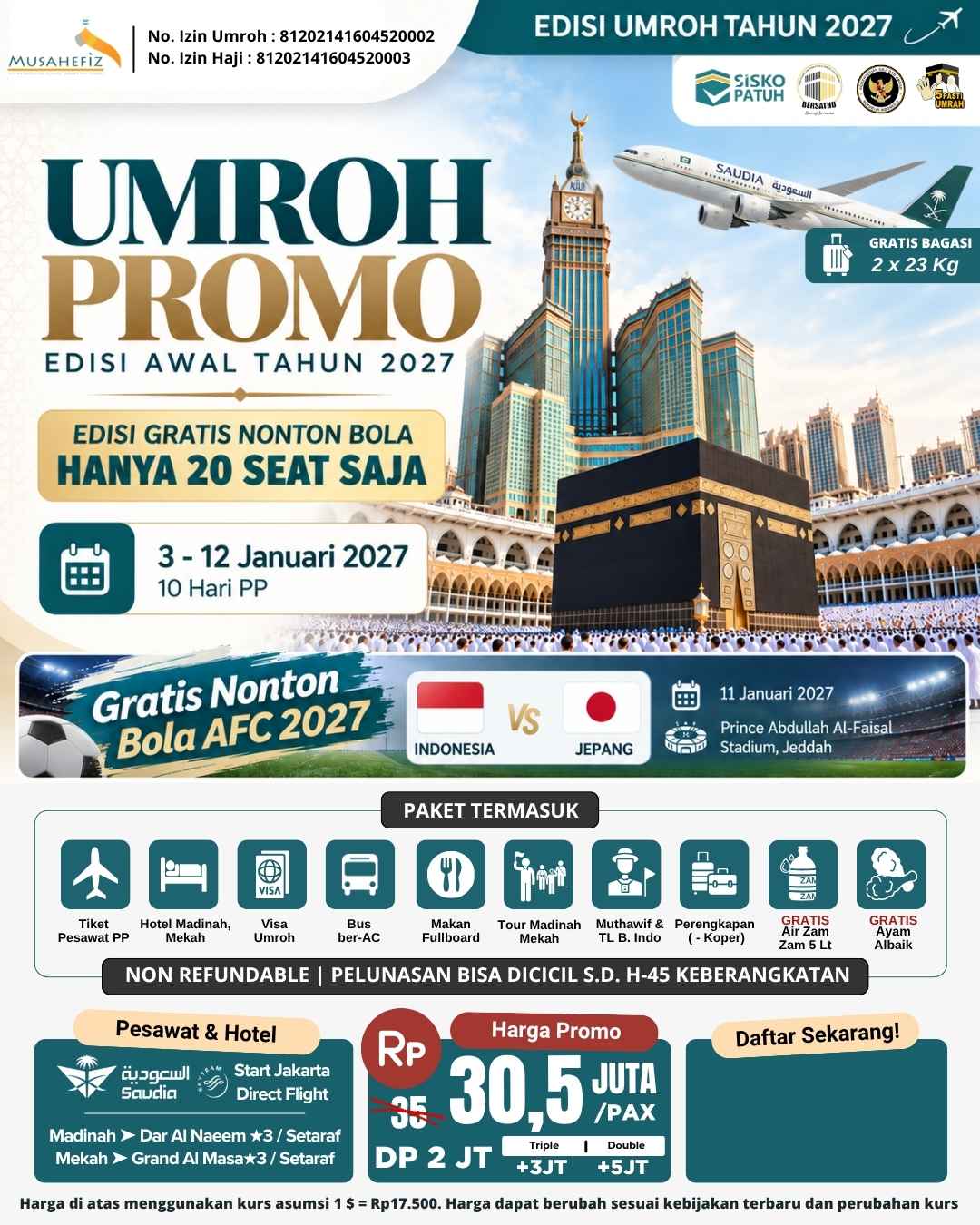 Flyer 3 Januari 2027 Umroh Awal Tahun Gratis Nonton Bola AFC 2027 — promo umroh Musahefiz