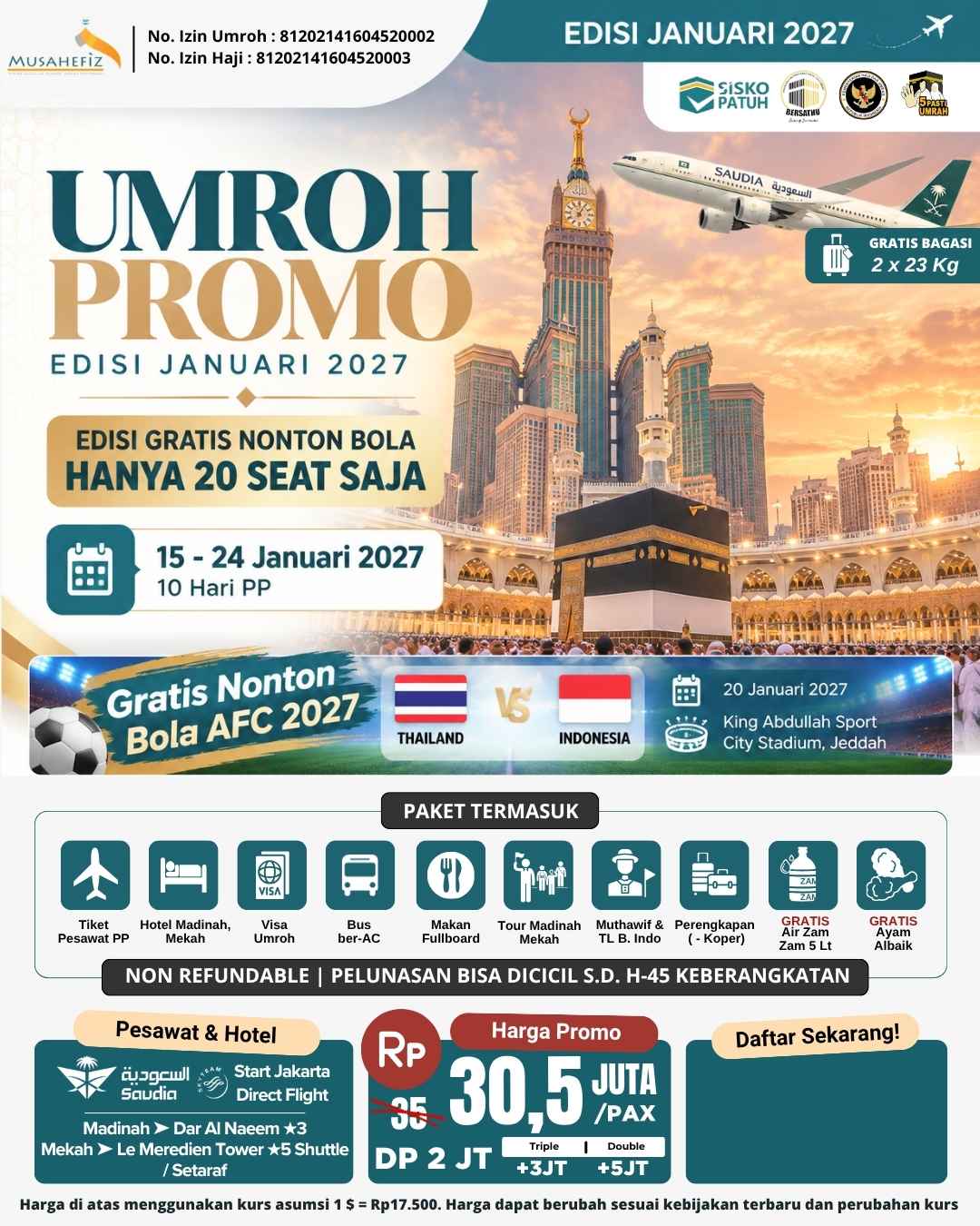 Flyer 15 Januari 2027 Umroh Awal Tahun Gratis Nonton Bola AFC 2027 — promo umroh Musahefiz